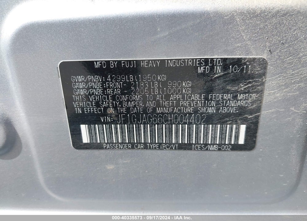 2012 SUBARU IMPREZA 2.0I LIMITED VIN: JF1GJAG66CH004402