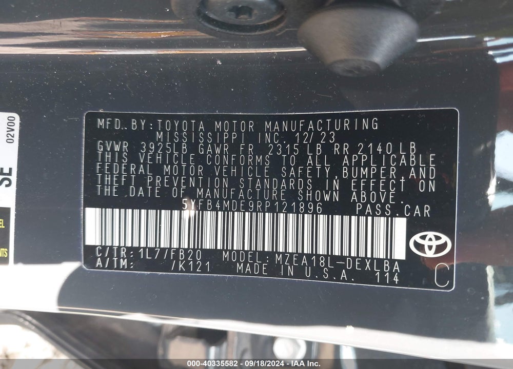 2024 TOYOTA COROLLA LE VIN: 5YFB4MDE9RP121896