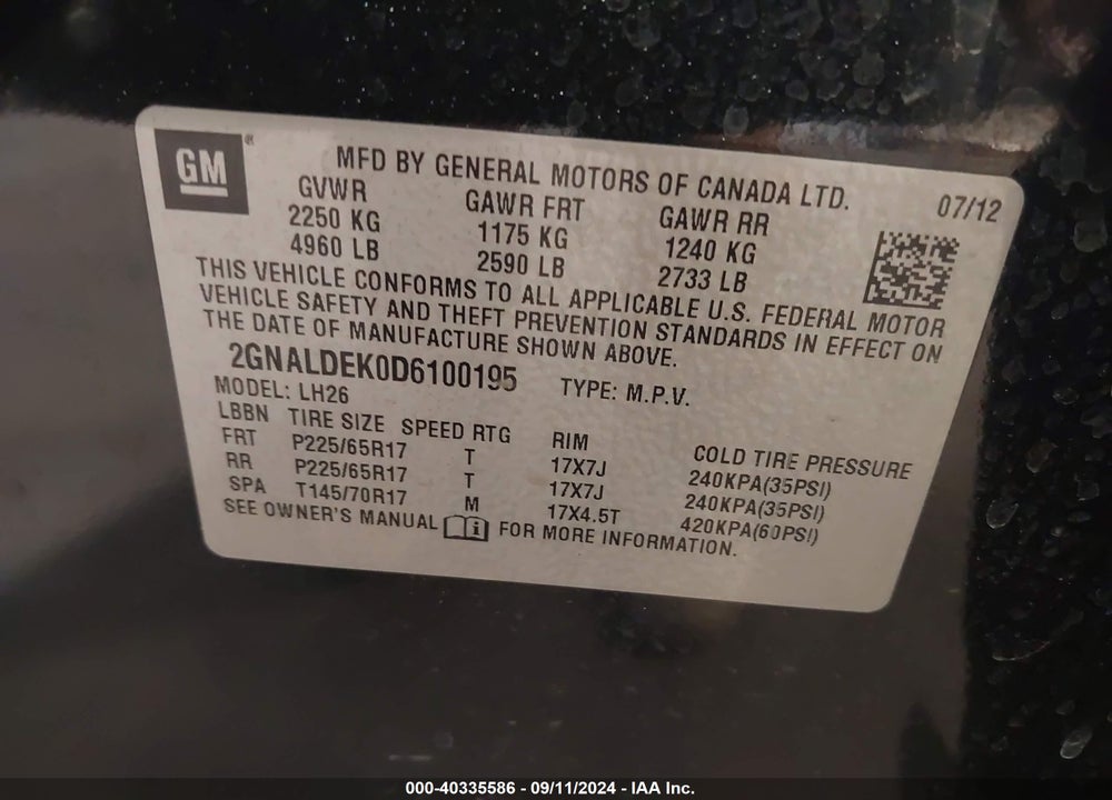 2013 CHEVROLET EQUINOX 1LT VIN: 2GNALDEK0D6100195