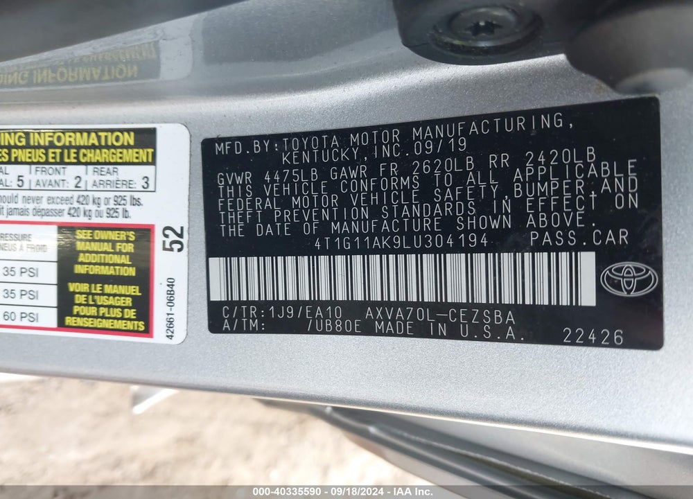 2020 TOYOTA CAMRY SE VIN: 4T1G11AK9LU304194