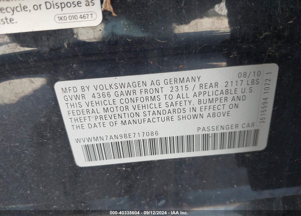 2011 VOLKSWAGEN CC SPORT VIN: WVWMN7AN9BE717086