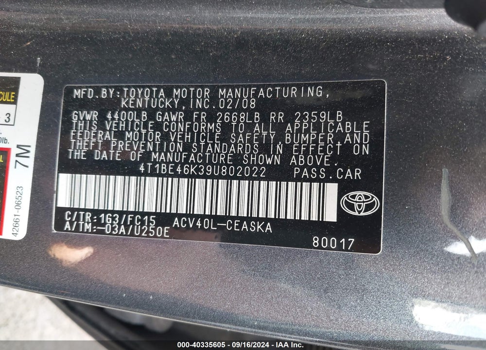 2009 TOYOTA CAMRY SE VIN: 4T1BE46K39U802022