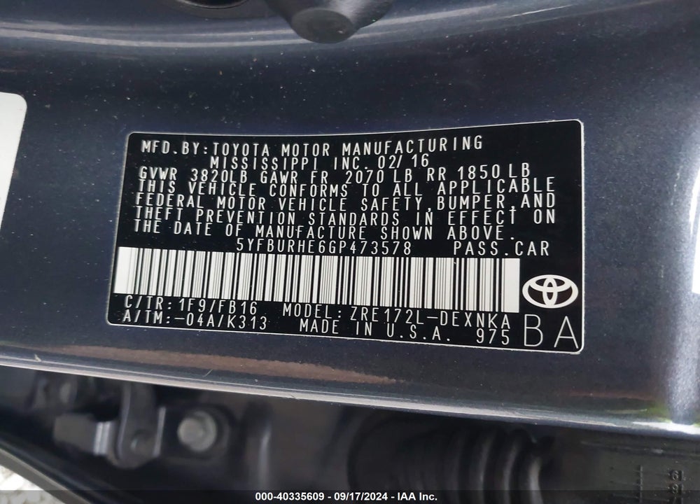 2016 TOYOTA COROLLA LE VIN: 5YFBURHE6GP473578