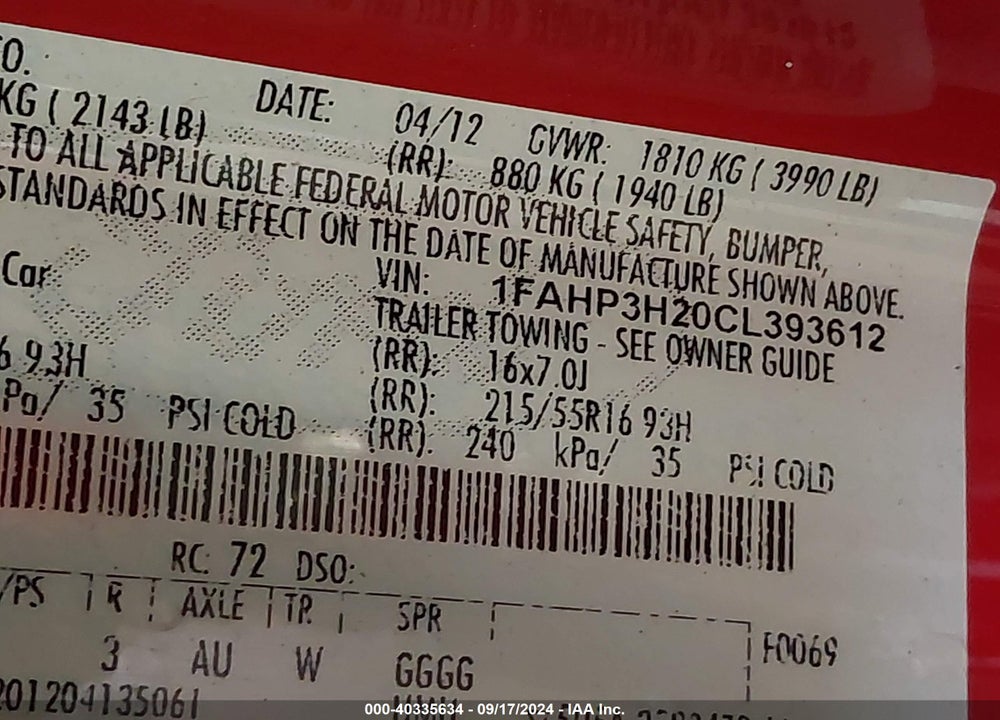 2012 FORD FOCUS SEL VIN: 1FAHP3H20CL393612