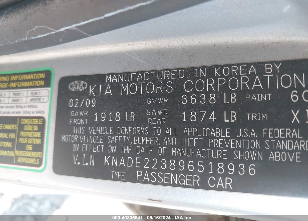 2009 KIA RIO LX VIN: KNADE223896518936