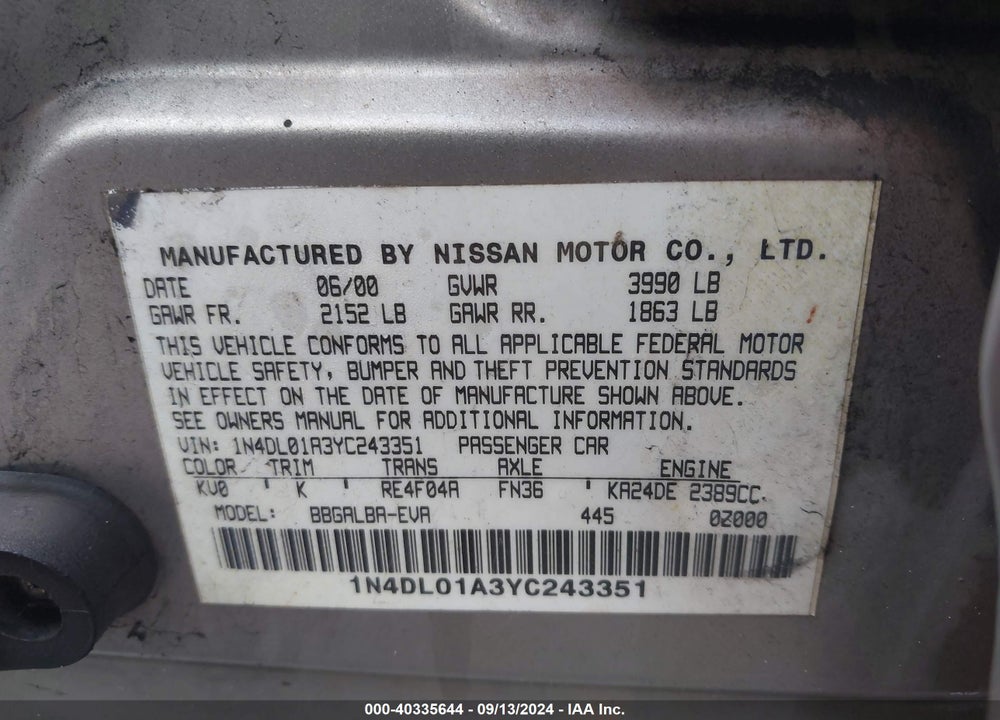 2000 NISSAN ALTIMA GLE/GXE/SE VIN: 1N4DL01A3YC243351