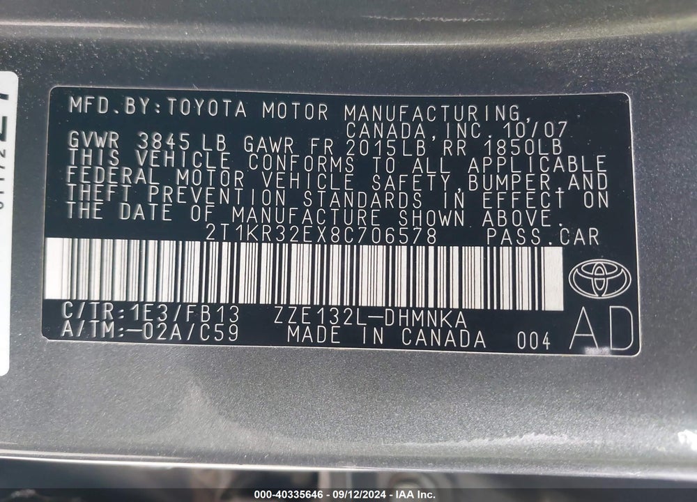 2008 TOYOTA MATRIX/XR VIN: 2T1KR32EX8C706578