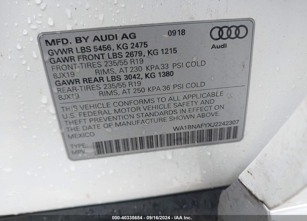 2018 AUDI Q5 2.0T PREMIUM/2.0T TECH PREMIUM VIN: WA1BNAFYXJ2242307