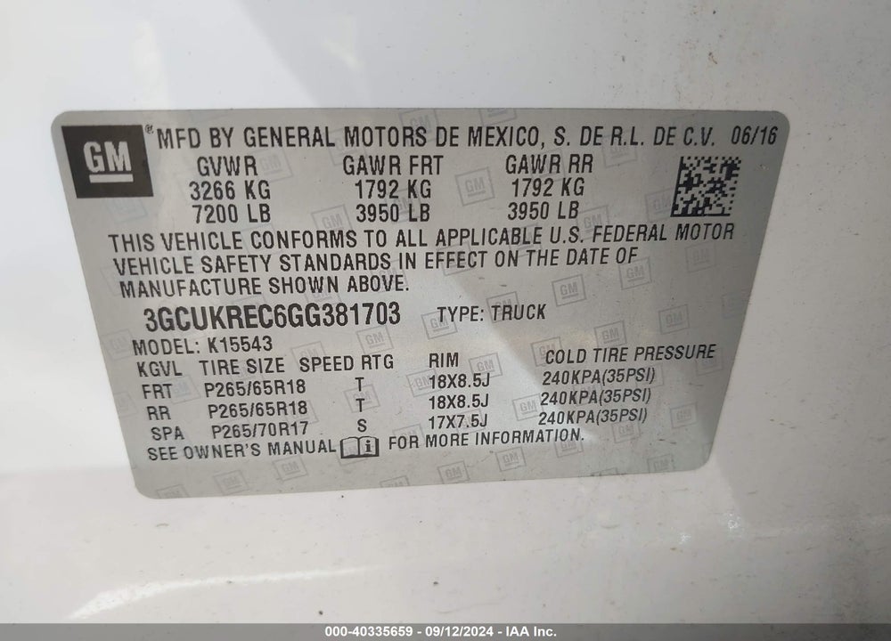 2016 CHEVROLET SILVERADO 1500 1LT/2LT VIN: 3GCUKREC6GG381703