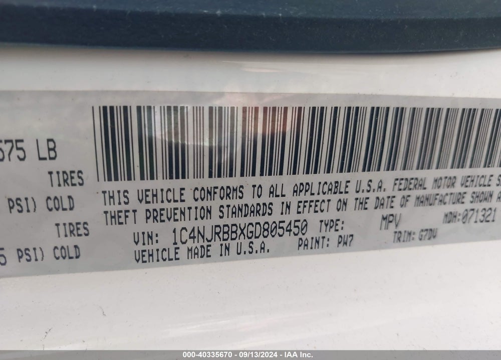 2016 JEEP PATRIOT SPORT SE VIN: 1C4NJRBBXGD805450