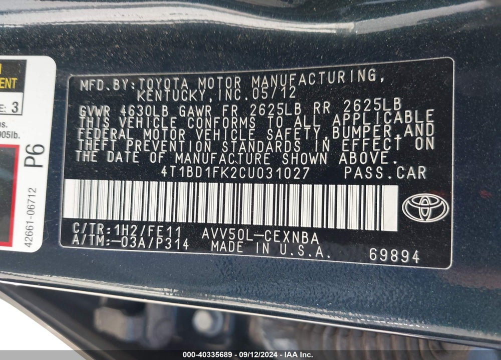 2012 TOYOTA CAMRY HYBRID LE VIN: 4T1BD1FK2CU031027