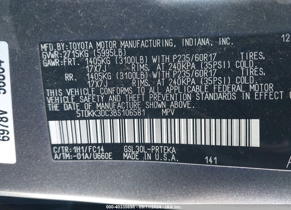 2011 TOYOTA SIENNA LE V6 VIN: 5TDKK3DC3BS106581