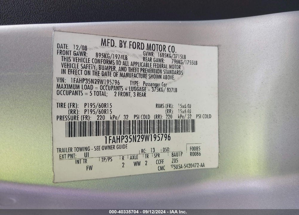2009 FORD FOCUS SE VIN: 1FAHP35N29W195796