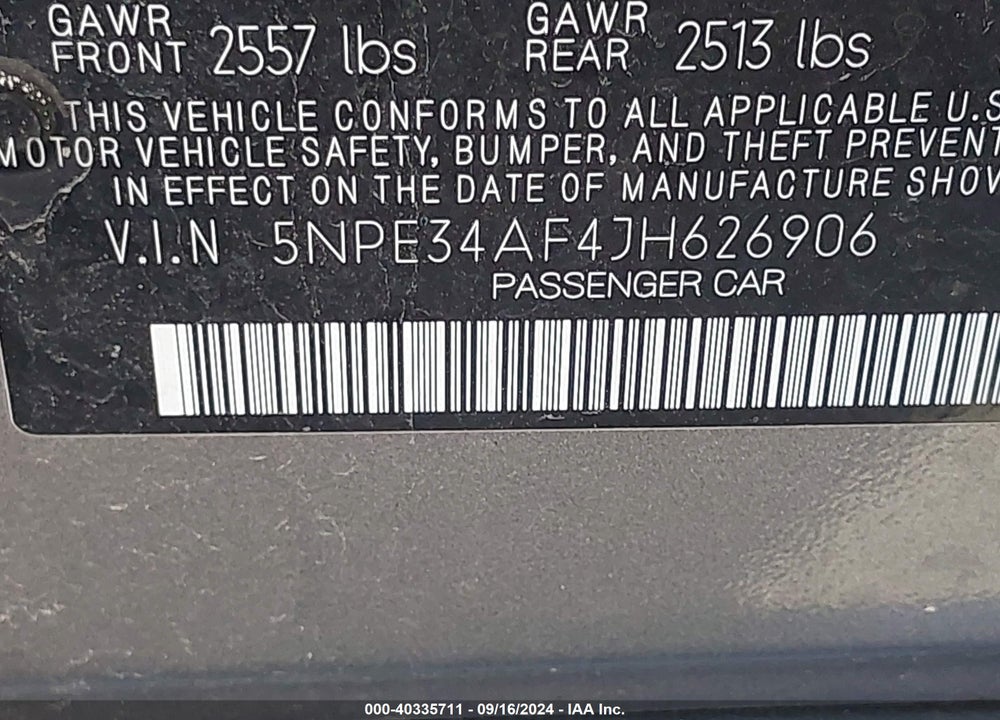 2018 HYUNDAI SONATA SEL VIN: 5NPE34AF4JH626906