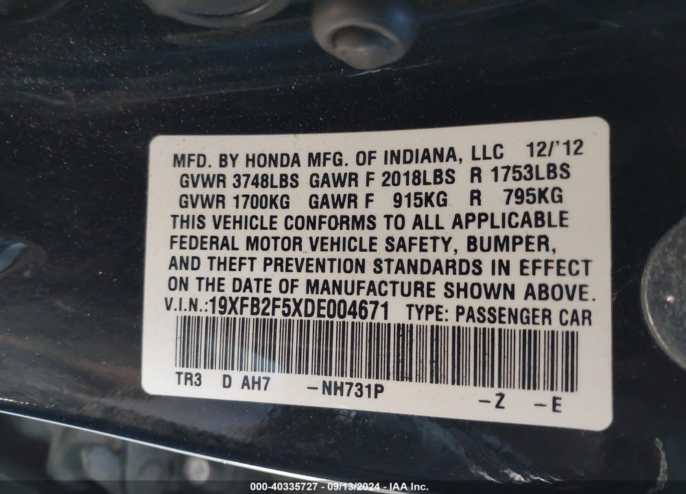 2013 HONDA CIVIC LX VIN: 19XFB2F5XDE004671