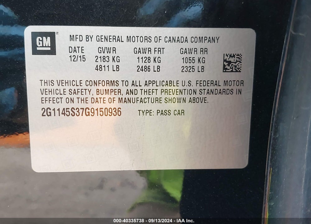 2016 CHEVROLET IMPALA 2LZ VIN: 2G1145S37G9150936