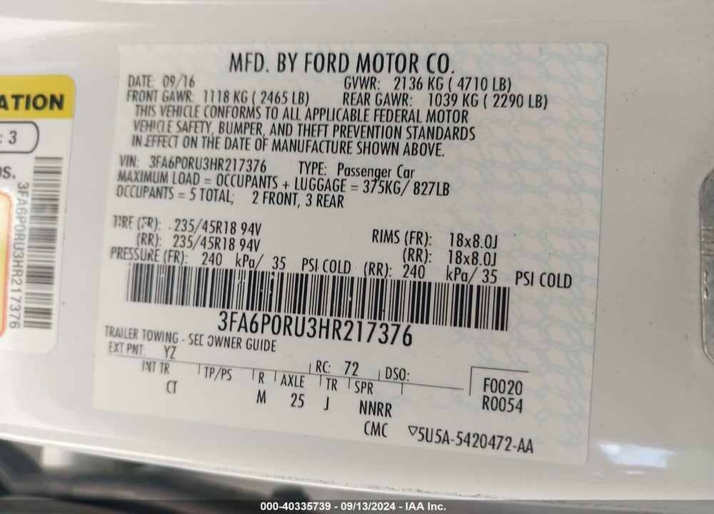 2017 FORD FUSION HYBRID TITANIUM VIN: 3FA6P0RU3HR217376