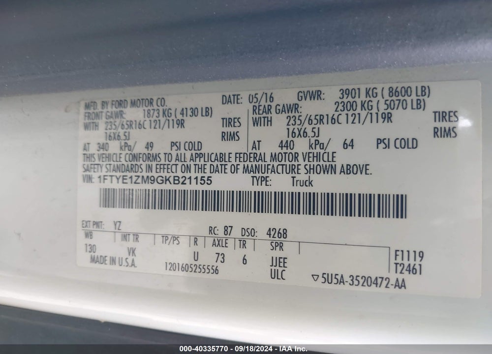 2016 FORD TRANSIT-150 VIN: 1FTYE1ZM9GKB21155