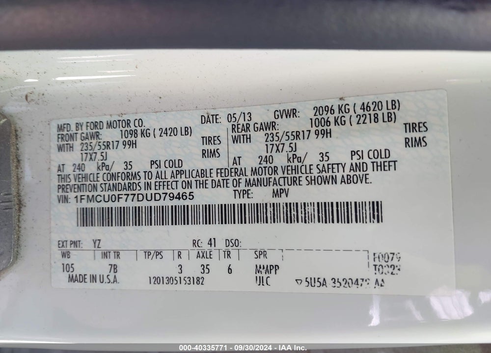 2013 FORD ESCAPE S VIN: 1FMCU0F77DUD79465