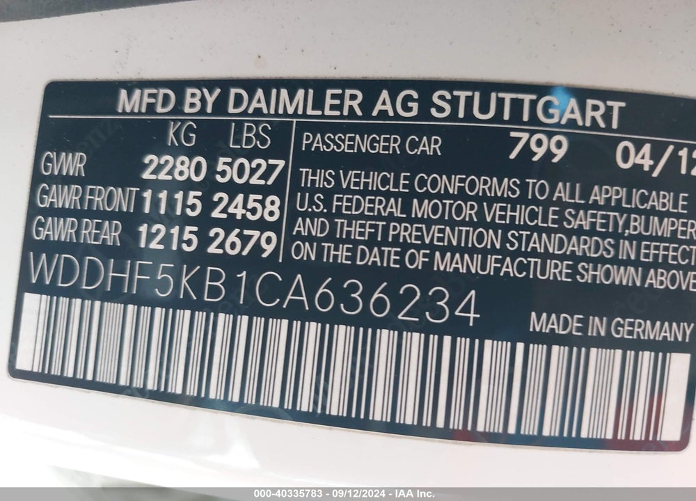 2012 MERCEDES-BENZ E 350 VIN: WDDHF5KB1CA636234