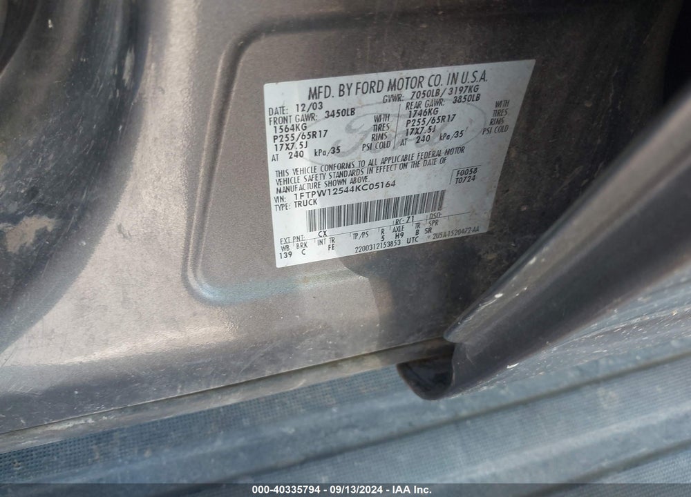 2004 FORD F-150 LARIAT/XLT VIN: 1FTPW12544KC05164