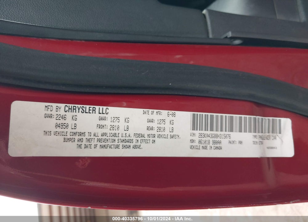 2008 DODGE CHARGER VIN: 2B3KA43G88H315076
