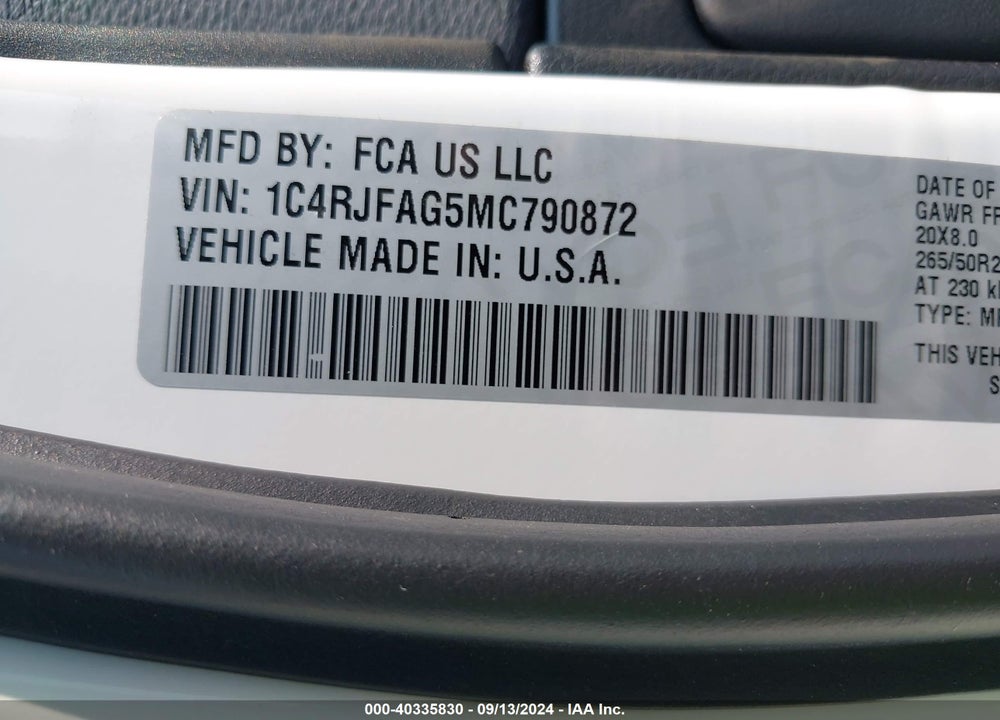 2021 JEEP GRAND CHEROKEE LAREDO X 4X4 VIN: 1C4RJFAG5MC790872