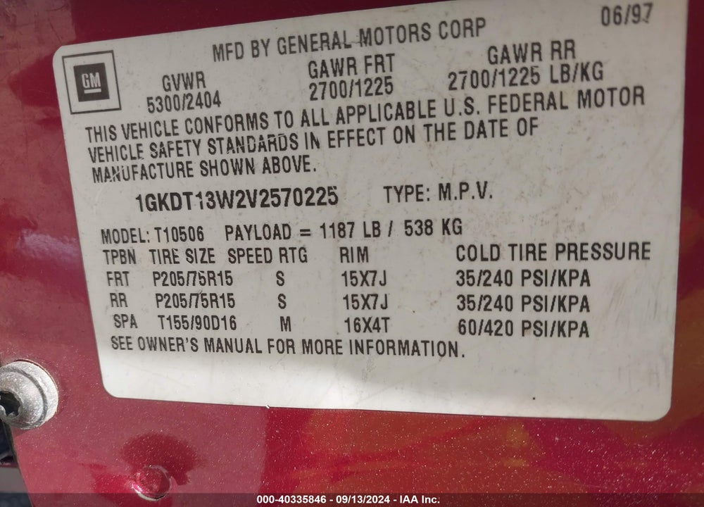 1997 GMC JIMMY SL VIN: 1GKDT13W2V2570225