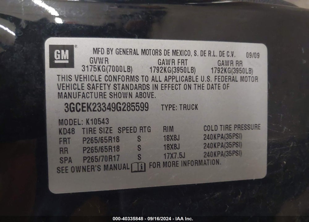 2009 CHEVROLET SILVERADO 1500 LT VIN: 3GCEK23349G285599