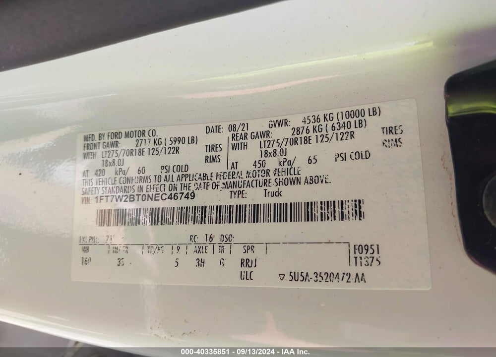 2022 FORD F-250 XLT VIN: 1FT7W2BT0NEC46749