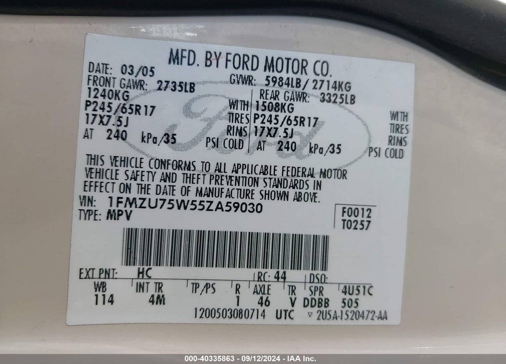 2005 FORD EXPLORER VIN: 1FMZU75W55ZA59030