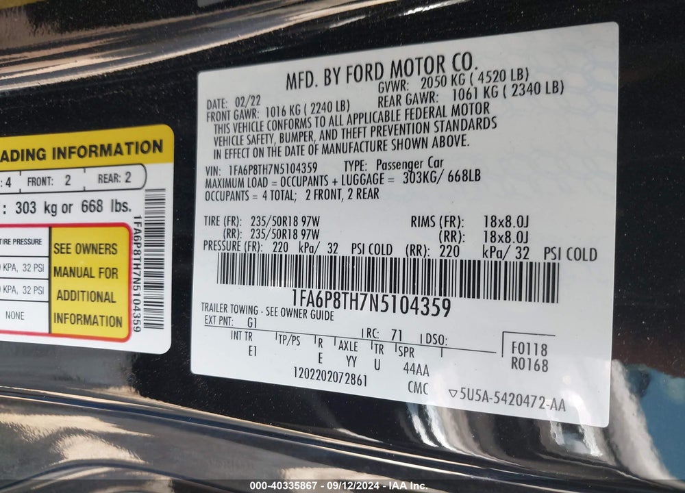 2022 FORD MUSTANG ECOBOOST PREMIUM FASTBACK VIN: 1FA6P8TH7N5104359