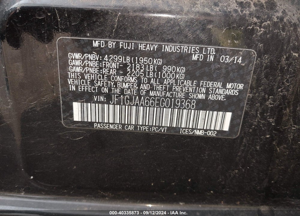 2014 SUBARU IMPREZA 2.0I VIN: JF1GJAA66EG019368