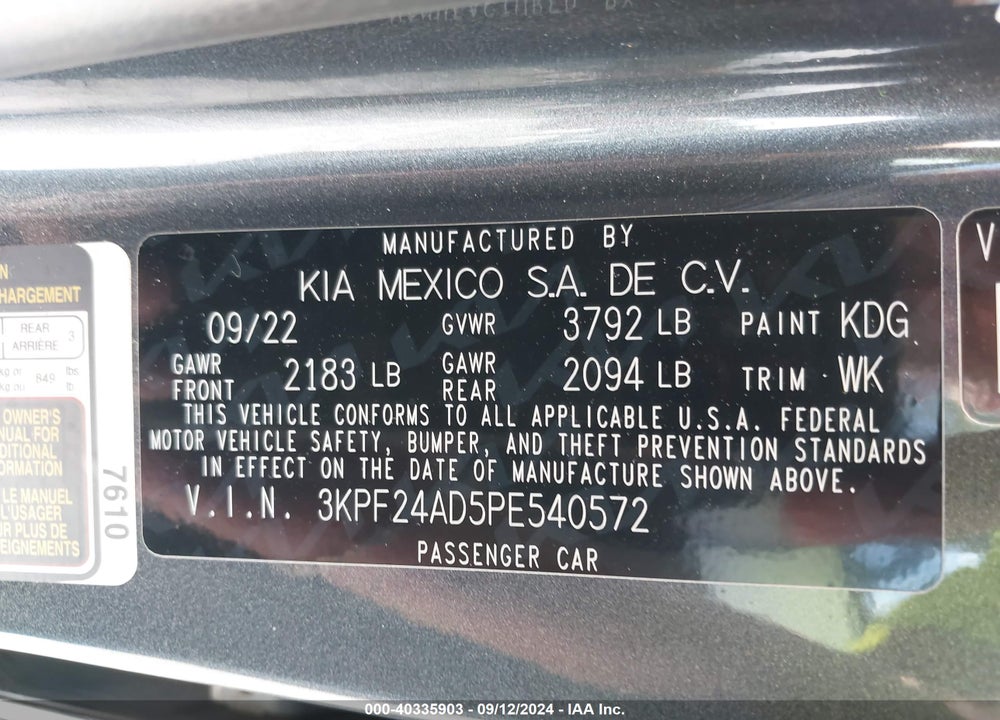 2023 KIA FORTE LXS VIN: 3KPF24AD5PE540572