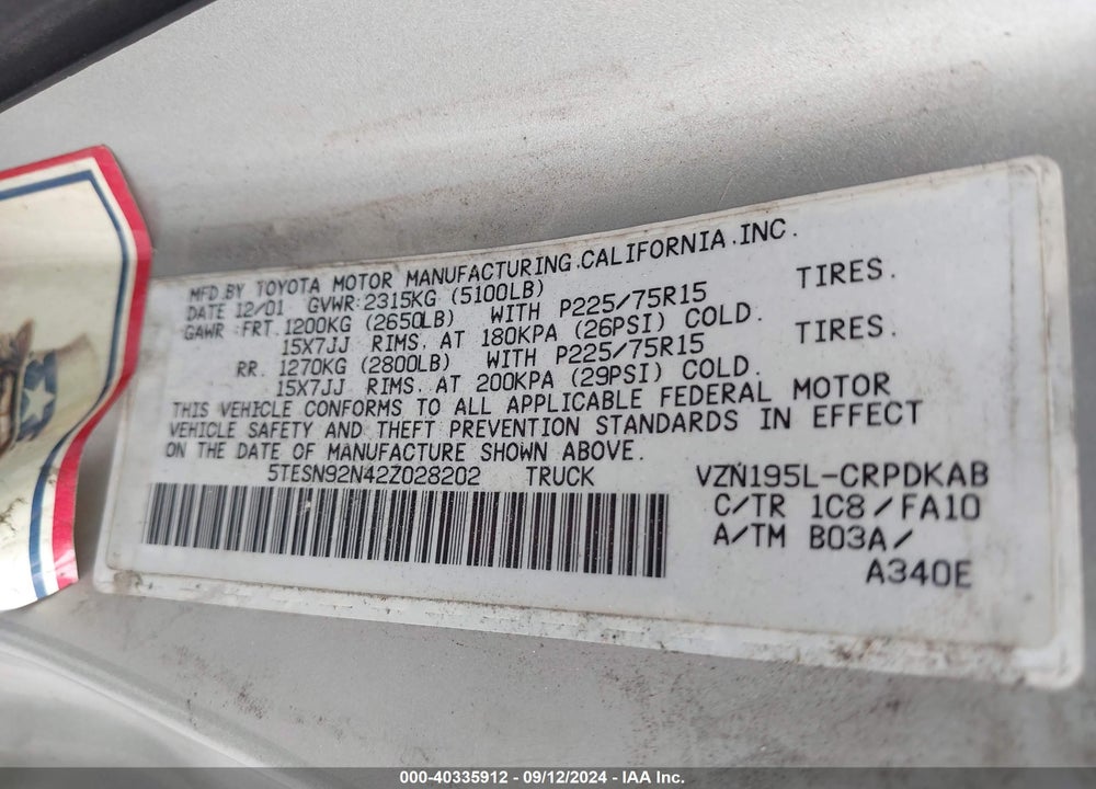 2002 TOYOTA TACOMA PRERUNNER V6 VIN: 5TESN92N42Z028202