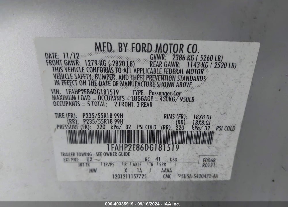 2013 FORD TAURUS SEL VIN: 1FAHP2E86DG181519