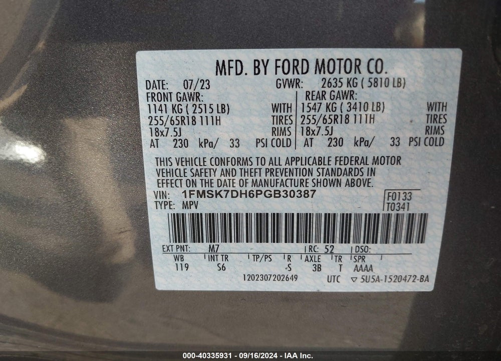 2023 FORD EXPLORER XLT VIN: 1FMSK7DH6PGB30387