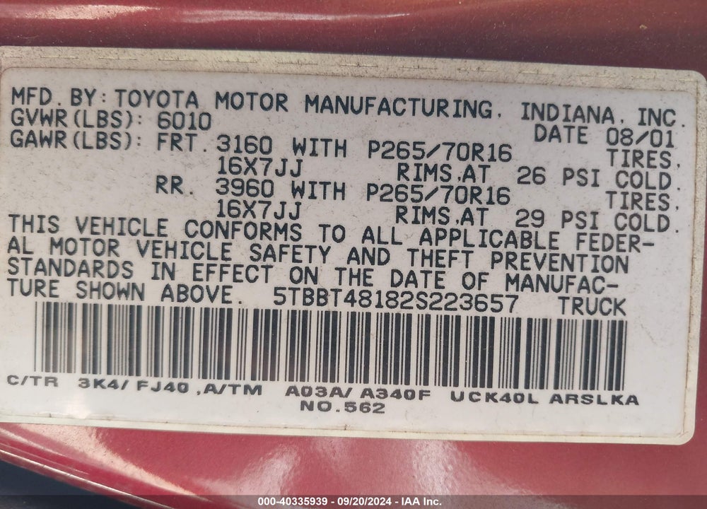 2002 TOYOTA TUNDRA LTD V8 VIN: 5TBBT48182S223657