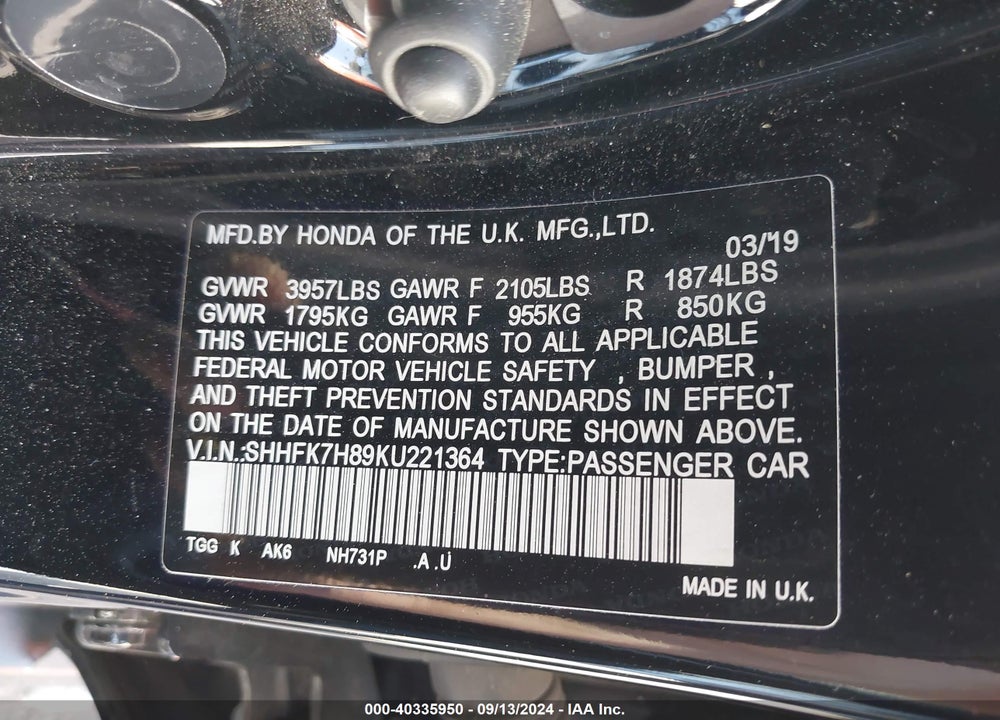 2019 HONDA CIVIC EX-L VIN: SHHFK7H89KU221364