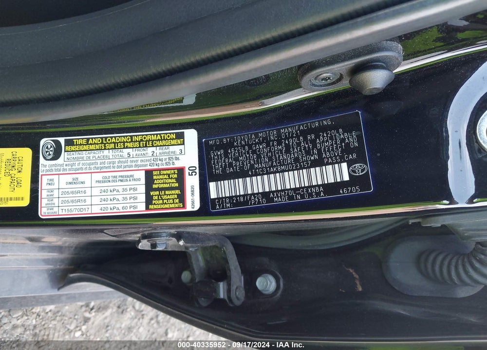 2021 TOYOTA CAMRY LE HYBRID VIN: 4T1C31AK8MU023157