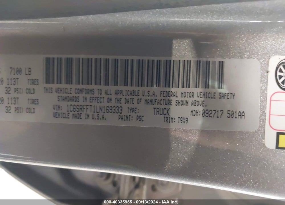 2020 RAM 1500 VIN: 1C6SRFFT1LN169333