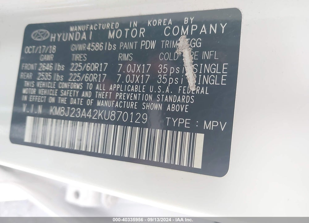 2019 HYUNDAI TUCSON SE VIN: KM8J23A42KU870129