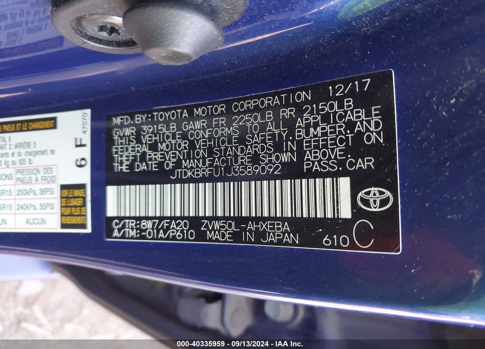 2018 TOYOTA PRIUS ONE VIN: JTDKBRFU1J3589092