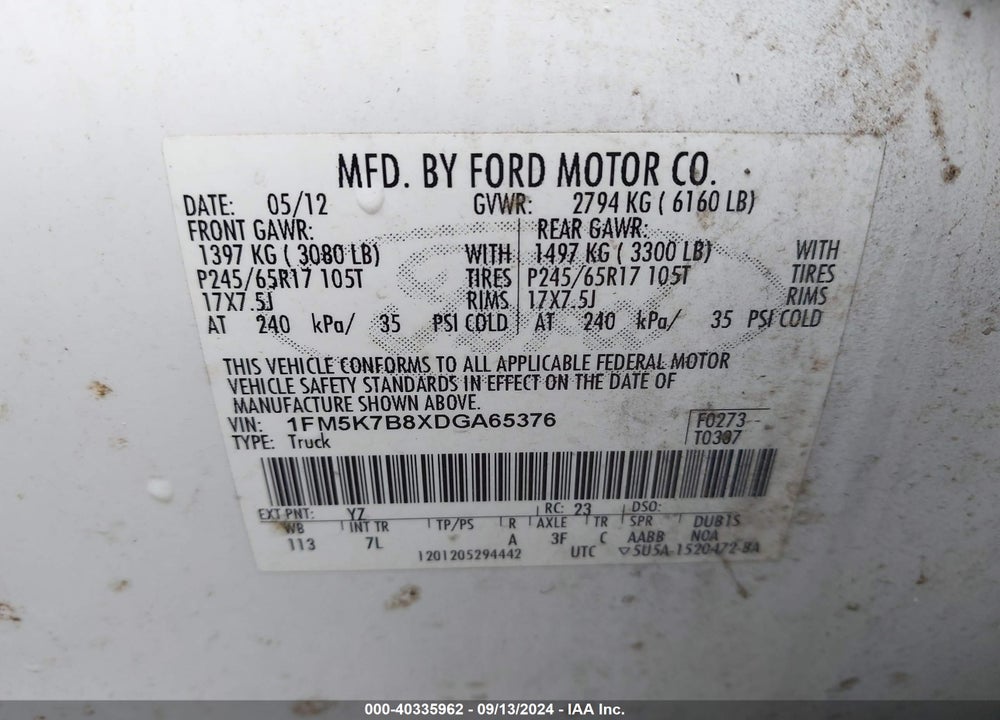 2013 FORD EXPLORER VIN: 1FM5K7B8XDGA65376