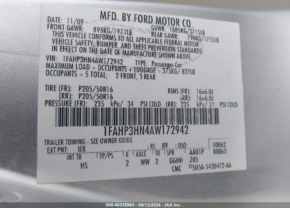 2010 FORD FOCUS SEL VIN: 1FAHP3HN4AW172942