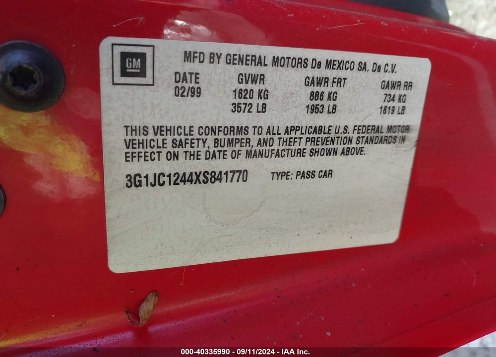 1999 CHEVROLET CAVALIER VIN: 3G1JC1244XS841770