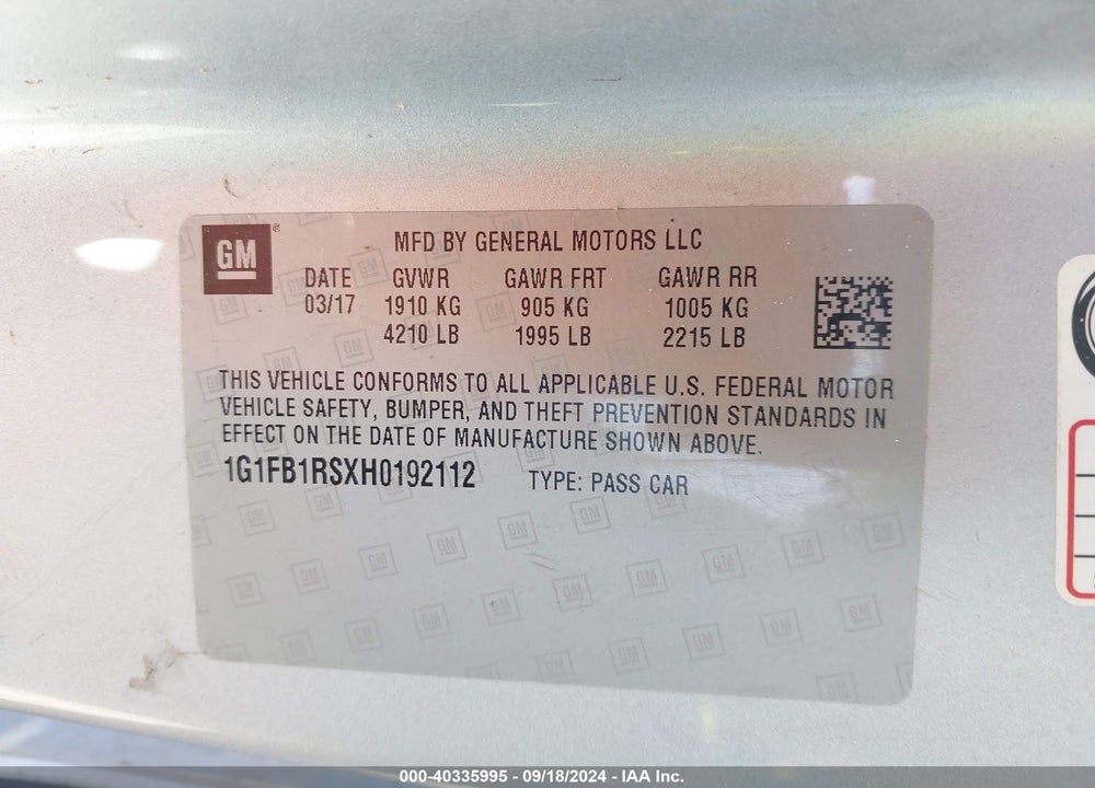 2017 CHEVROLET CAMARO 1LT VIN: 1G1FB1RSXH0192112