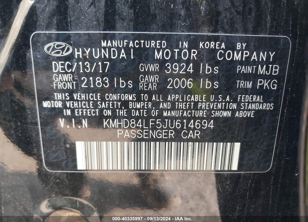 2018 HYUNDAI ELANTRA VALUE EDITION VIN: KMHD84LF5JU614694