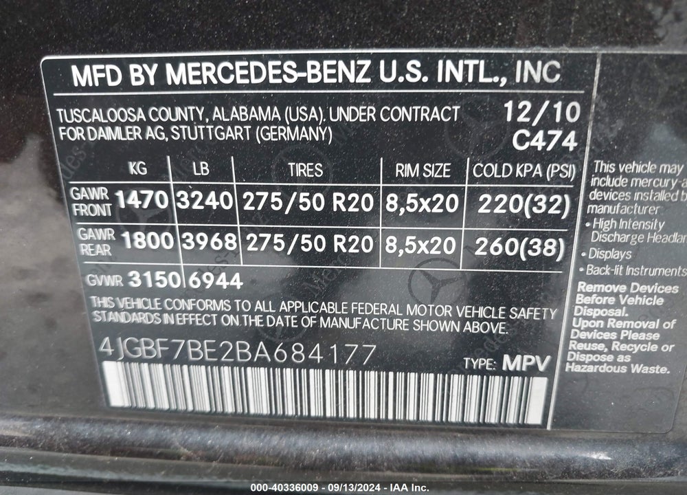 2011 MERCEDES-BENZ GL 450 4MATIC VIN: 4JGBF7BE2BA684177