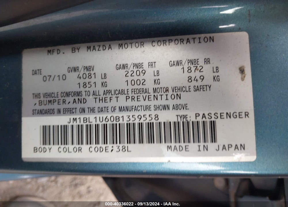 2011 MAZDA 3 S SPORT VIN: JM1BL1U60B1359558
